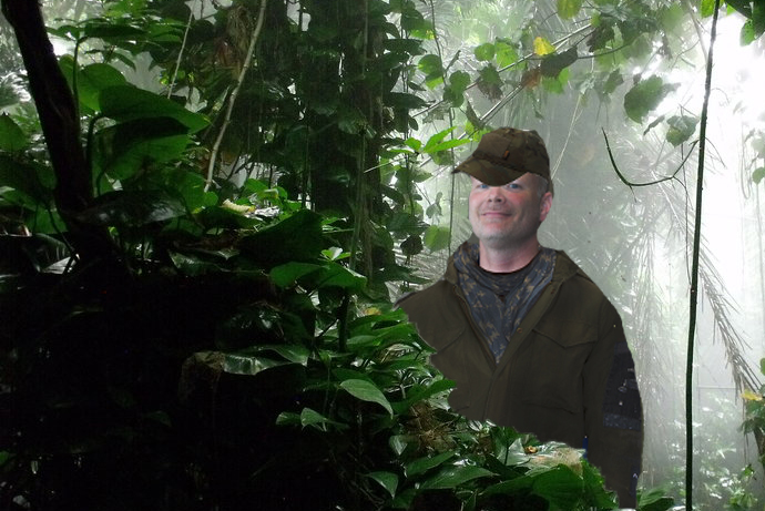 GI Dave-- aka teacher Dave Blaha-- poses in the jungle. Photo by Gabby Barber; Photoshop by Hunter Folden