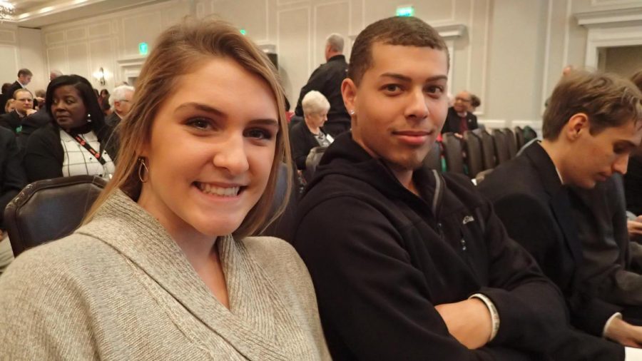 Seniors Katie Morris (left) and Kevin Burruss (right) at the Student Video Contest award ceremony on November 14, 2018 at the VSBA Annual Convention.  Photo Courtesy of David Small.