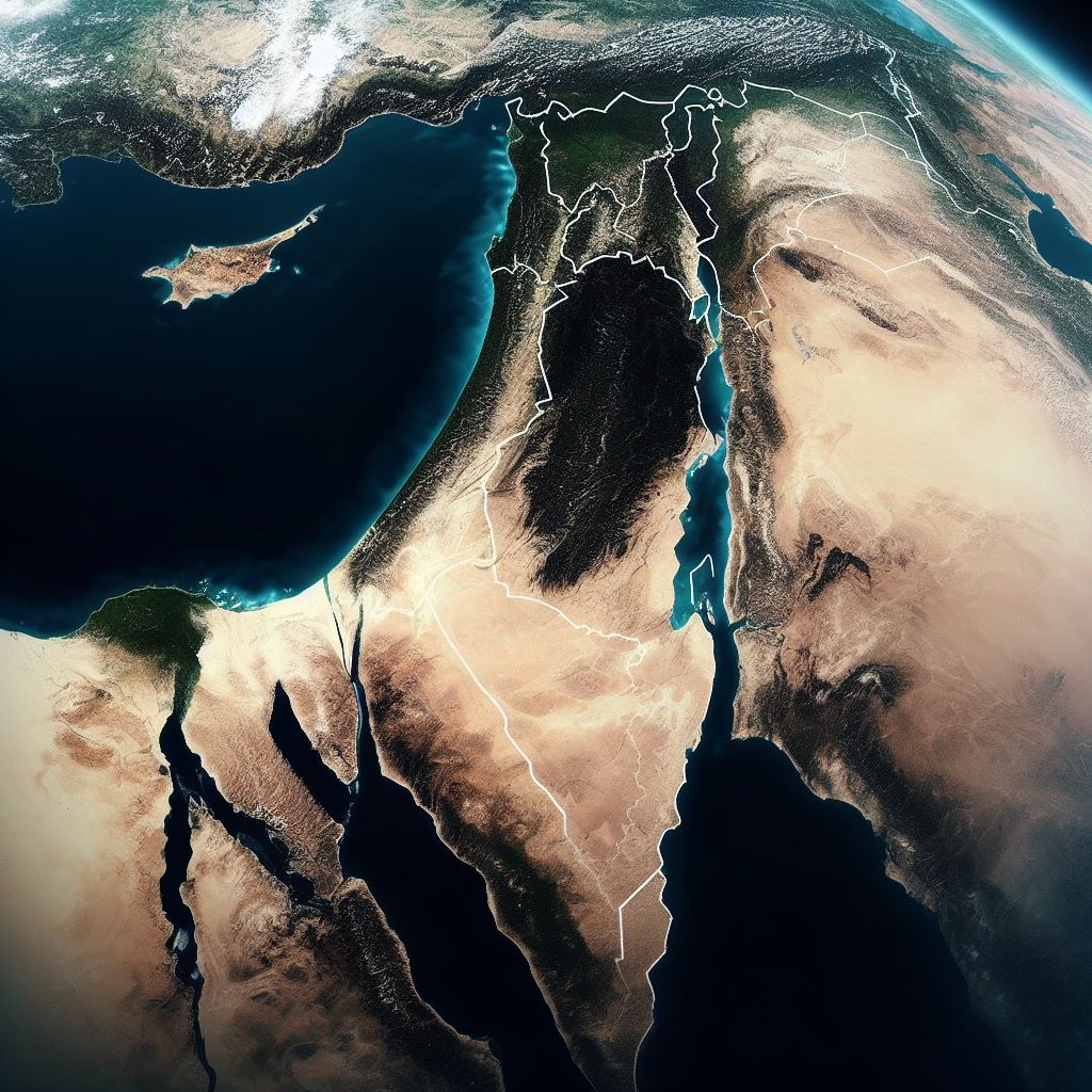 An AI-created graphic of Israel as seen from space. Image created by Microsoft Bing AI Image Creator. Graphic courtesy of Eden Becerra.