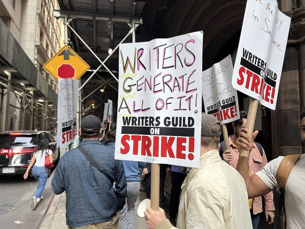 Picket line formed by writers that are on strike in New York City. Outside on location of the Marvel Studios Disney+ TV show, Daredevil: Born Again on May 10, 2023. Photo courtesy of Fabebk via Creative Commons Attribution-Share Alike 4.0 International.