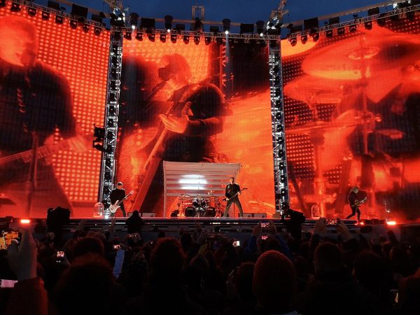Metallica at a concert in Milan, Italy in 2019. Photo courtesy of Dennis Radaelli via Creative Commons Attribution-Share Alike 4.0 International license. https://commons.wikimedia.org/wiki/File:Metallica_at_Ippodromo_San_Siro,_Milan,_May_8th,_2019.jpg 