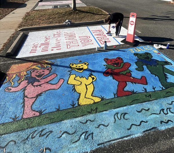 Julia Tomaras parking spot painted with colorful bears. In the background is senior Sydney Derricksons spot painted like the cover of Mac Millers mixtape I Love Life, Thank You. Photo courtesy of Julia Tomaras.