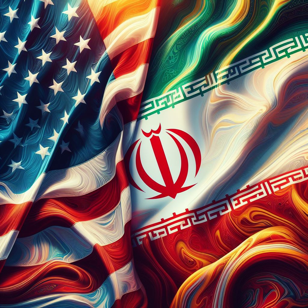 An image of the flag of the United States and the flag of Iran meeting in the middle. Image created by Fluco Journalism, image courtesy of Bing Image Creator.