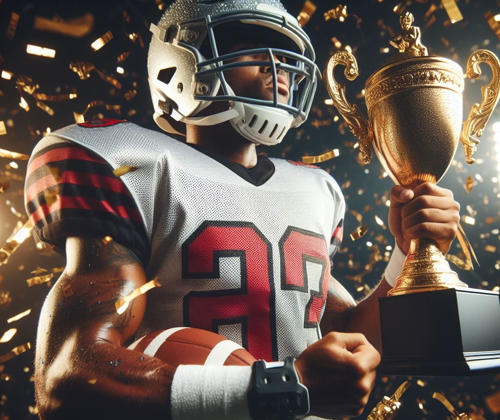 A football player celebrates with a trophy. Photo created by Fluco Journalism using Bing Image Creator. 