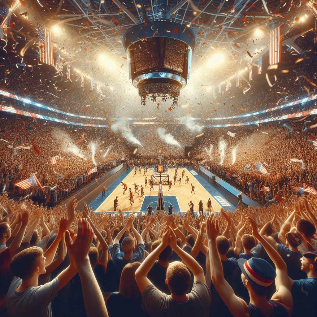 An AI-created rendition of March Madness fans in the stands. Image created by Fluco Journalism using Bing Image Creator. 