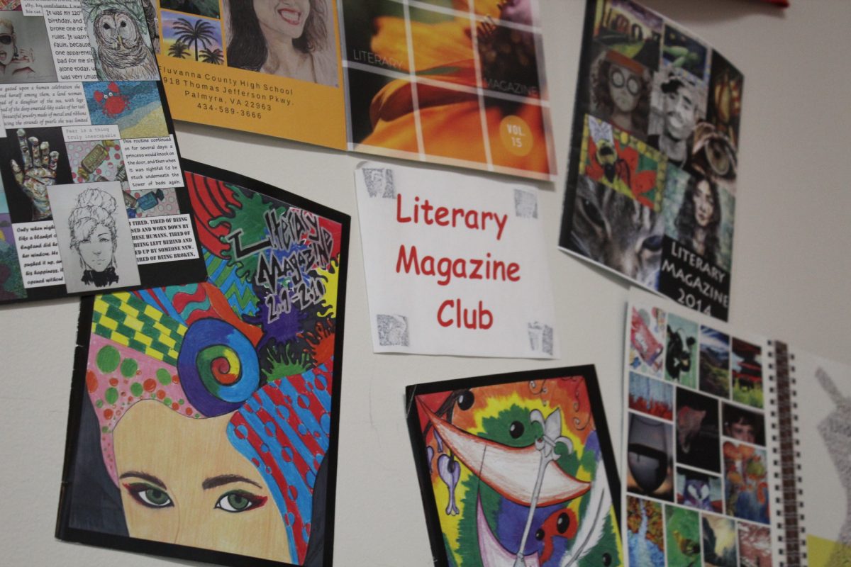 A+display+of+previous+Literary+Magazine+covers+on+the+wall+of+the+Journalism+room%2C+room+1518.+Photo+courtesy+of+Fluco+Journalism