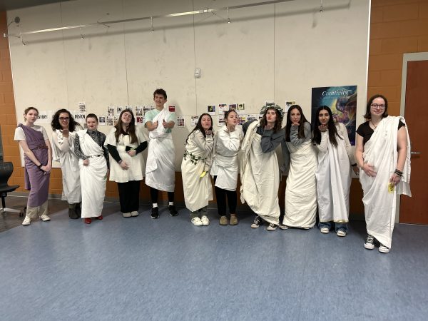 AP Art History students mug for the camera after participating in a toga fashion show. Photo courtesy of Michelle Coleman. 