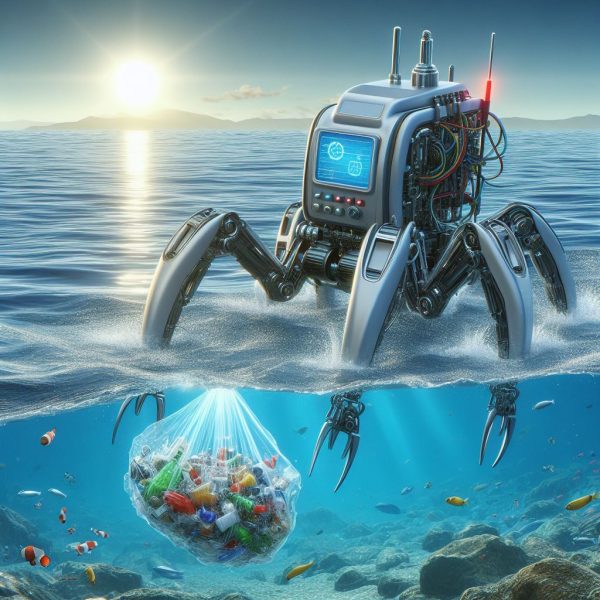 A robot picking up trash out of the ocean. Photo created using Bing Image Creator. Photo courtesy of Anderson Miller.
