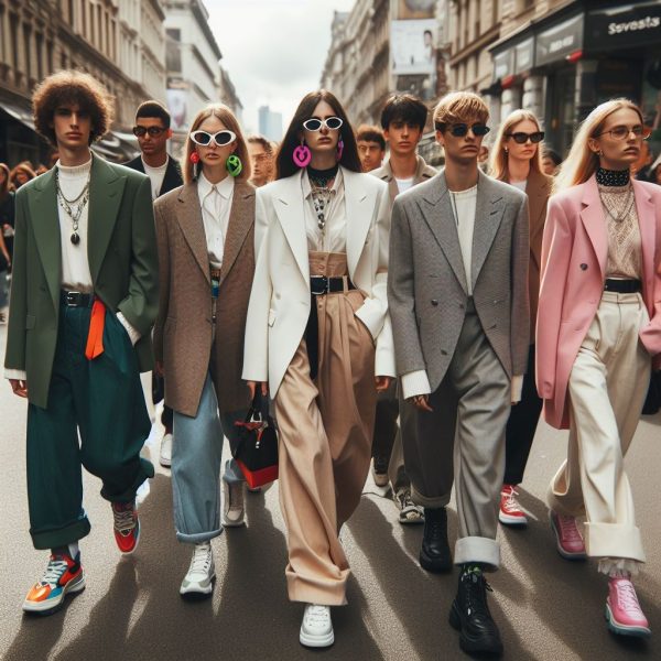 A group of individuals wearing (presumably) fast fashion. Image created by Bing Image Creator. Photo courtesy of Molly Cook.