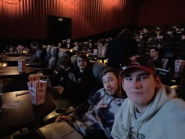 (from left to right) Seniors Jaden Steger, Riley Brown, Alex Wiese, and Matthew Gresham get ready to watch Madame Web during the February Senior Trip to the Alamo. Photo courtesy of Matt Gresham.