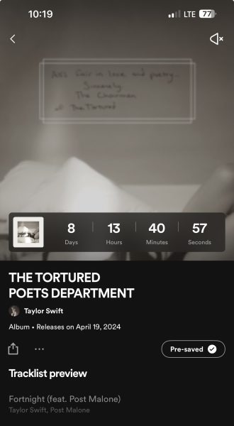 Screenshot of a countdown toTaylor Swifts new album, The Tortured Poets Department, on Spotify. Photo courtesy of Mia Turley.