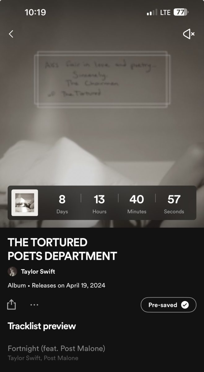 Screenshot+of+a+countdown+toTaylor+Swifts+new+album%2C+The+Tortured+Poets+Department%2C+on+Spotify.+Photo+courtesy+of+Mia+Turley.