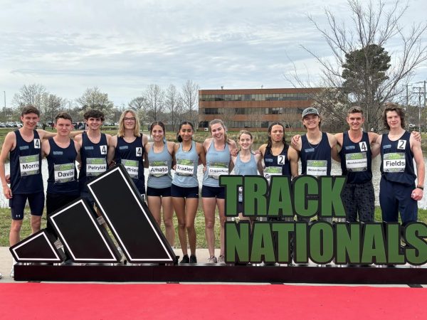 Fluvanna Track Club at Adidas Track Nationals on March 17. From left to right: seniors Elias Morris, George Diver Davis, and Ryder Petrylak, sophomore Jack Jeffries, junior Anna Amato, sophomore Ruby Fraizer, seniors Syndey Chipperfield and Sophie Farley, junior Kameren Green, seniors Cole Weisenburger and Jesse Woolstenhulme, and junior Jackson Fields. Photo courtesy of Arlene Rodriguez. 