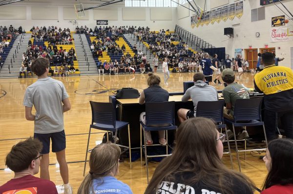 The student body watches as the Teacher-Student basketball game takes place on April 26. Photo courtesy of Jennifer Wyant. 