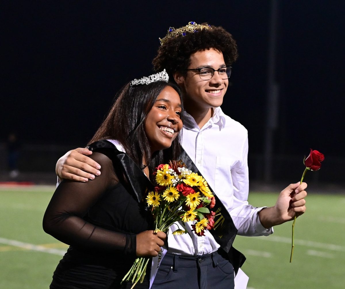 2023 Homecoming Queen Taneya Jackson and King Isaiah Bradley at the half-time ceremony on Oct. 6. 