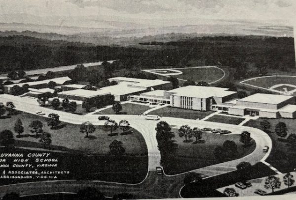 An architect's rendition of the proposed Fluvanna Senior High School on Central Plains Road, May 1975.