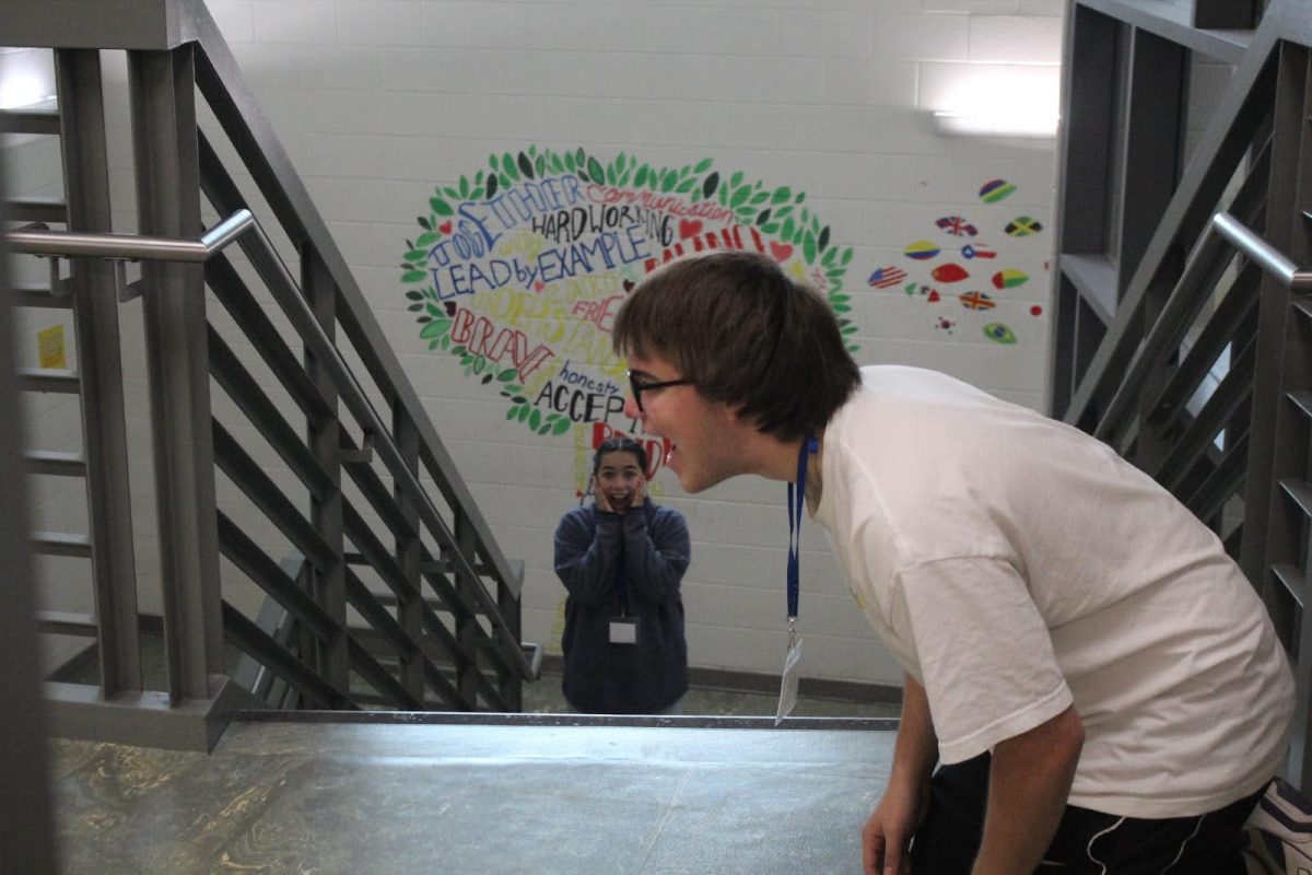 Juniors Topher Huff and Madeline Hamel create an allusion photo in the FCHS staircase.