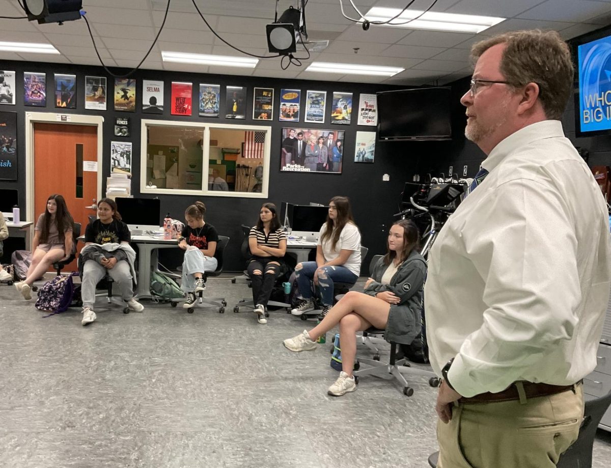 FCHS Superintendent Dr. Peter Gretz speaks to David Small's TV Production class in 2023. 