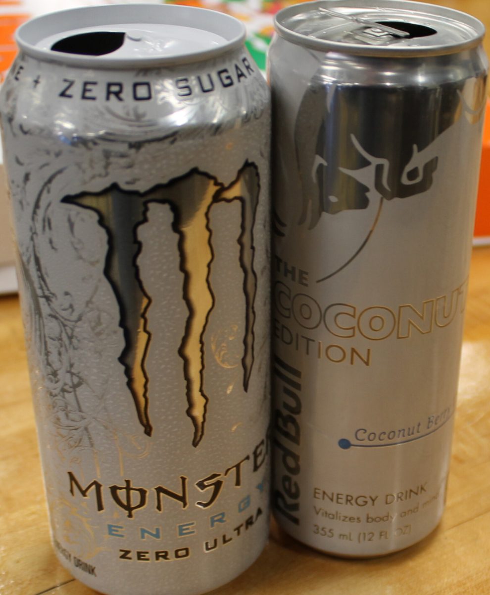 Redbull and Monster brand energy drinks. 