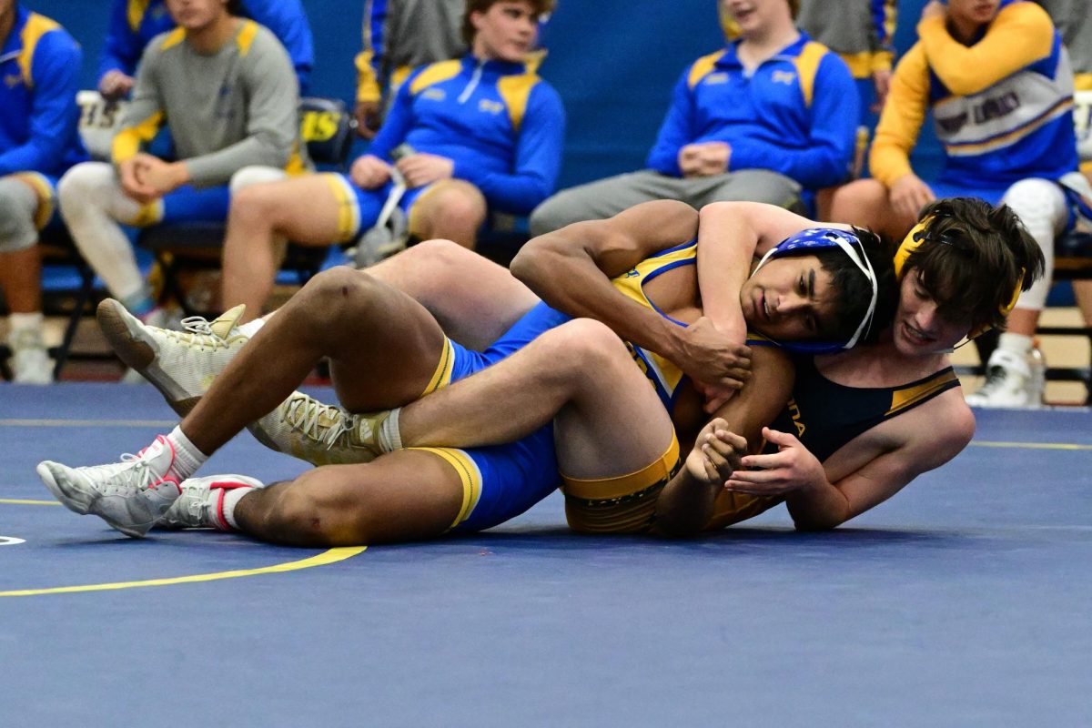 A Fluco wrestler attempts to pin his opponent. 