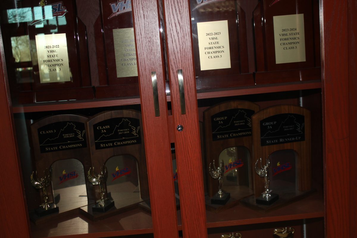 Picture of the Speech Team's trophy case.