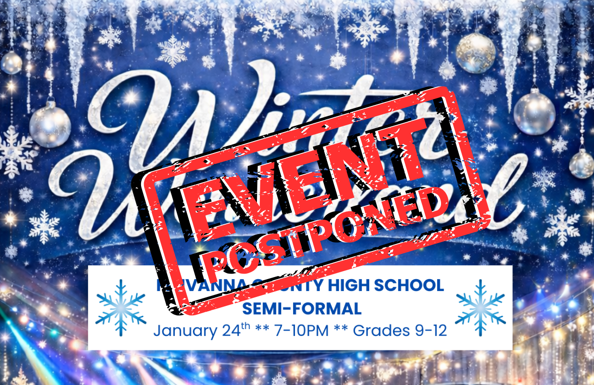 Original poster design created by FCHS PTSO, with a “Postponed” sign added on top using Canva.