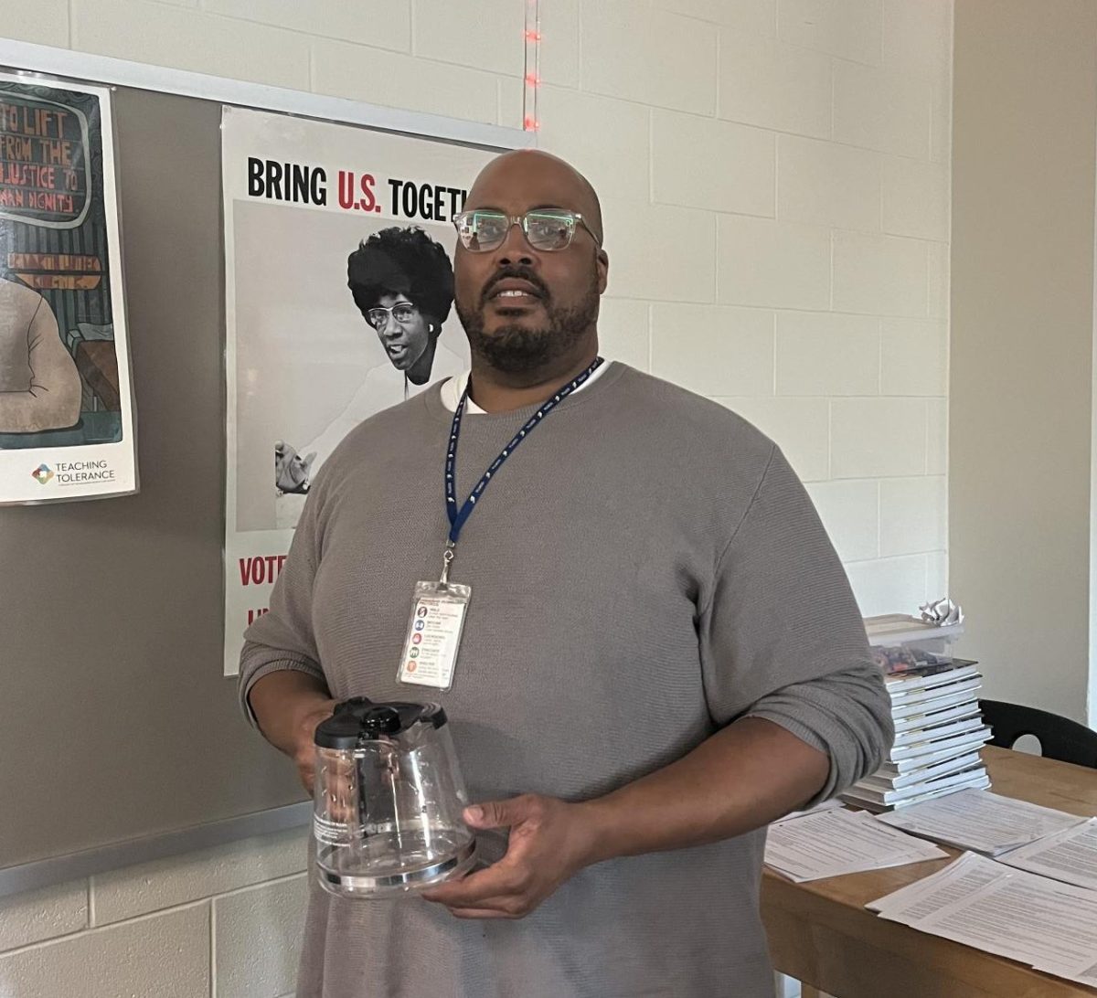 Teacher Alexander Burruss goes through multiple pots of coffee a day in his classroom. 
