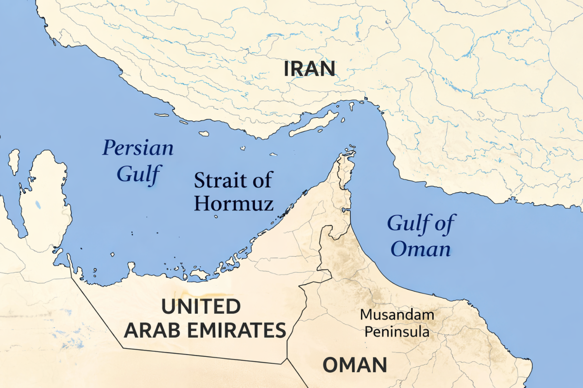 Map of the Strait of Hormuz and surrounding countries. Image created using ChatGPT.