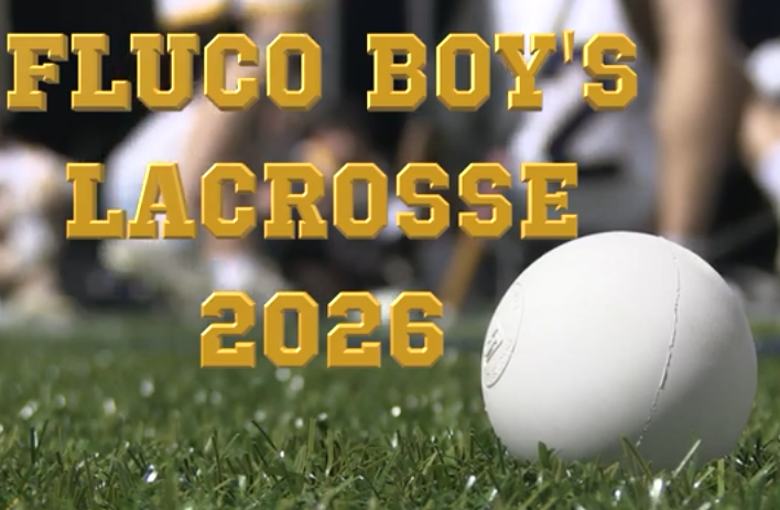 White lacrosse ball in foreground with ‘Fluco Boy's Lacrosse 2026’ gold, bold text.